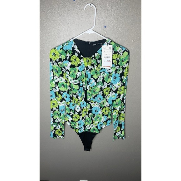 Zara Tops - Women's‎ ZARA Floral Satin Sexy Bodysuit Blouse Sz S Black Green New With Tags